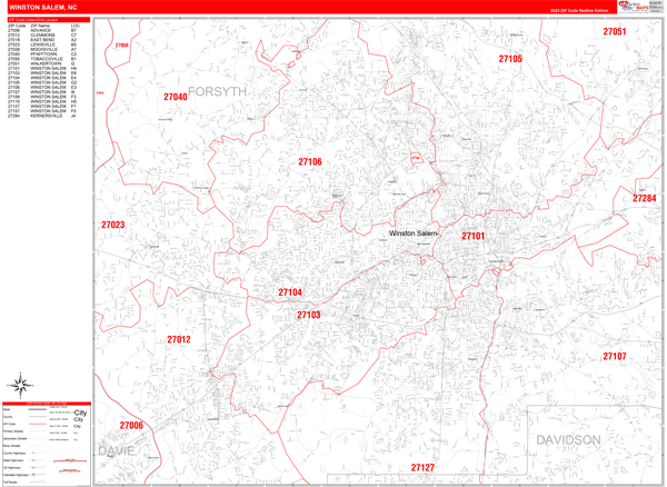 Winston Salem City Digital Map Red Line Style